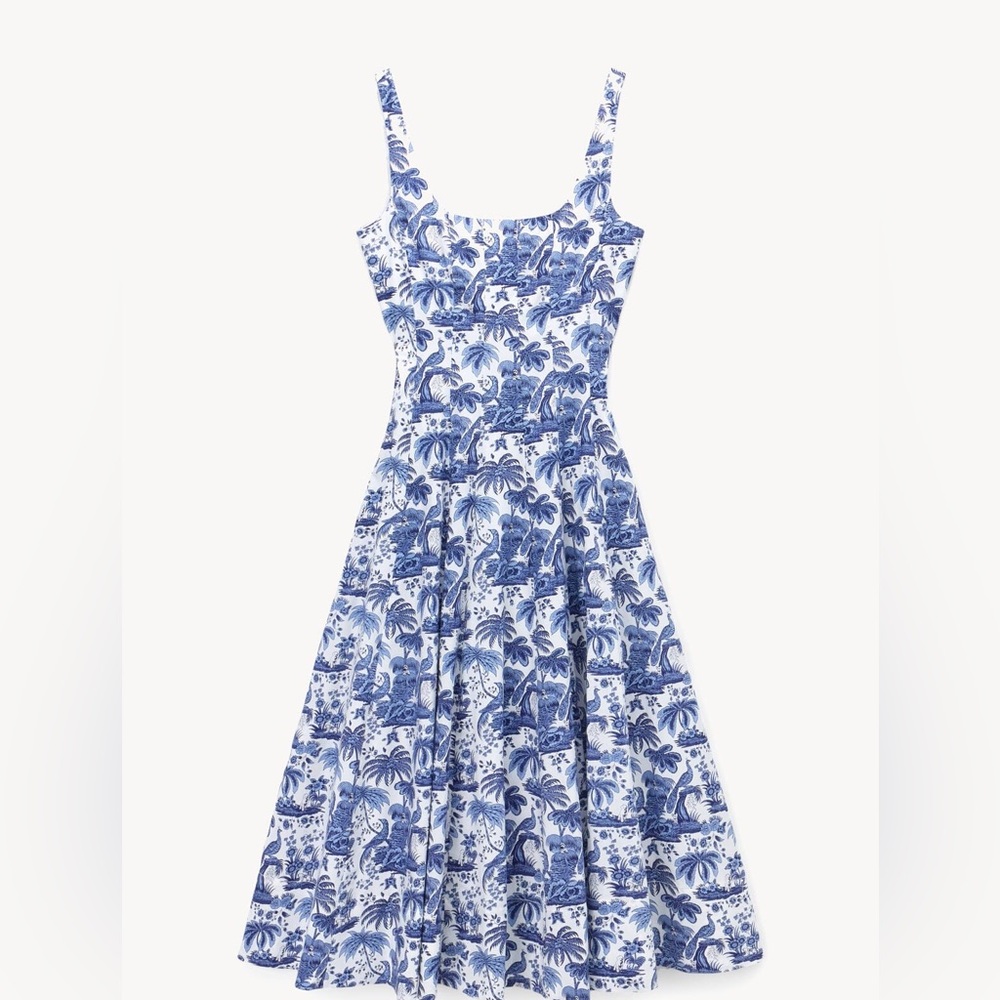 STAUD Blue and White Toile Midi Dress